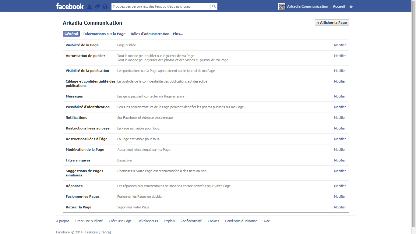 facebook parametre page